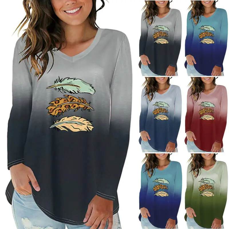 

Fall Women Gradient V-Neck Long Sleeve T-Shirt Top Blouse Tunic Casual Tee S-3XL