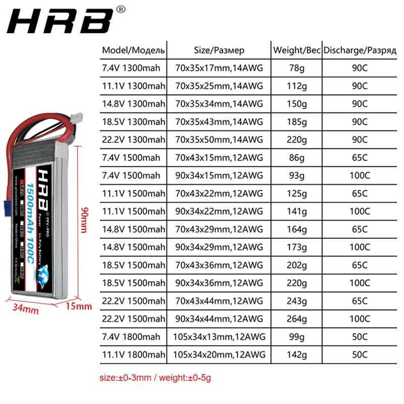 аккумулятор hrb lipo 2s 3s 4s 5s 6s 1300mah 1500mah 1800mah 2200mah 2600mah ec3 74 v 111 v 14