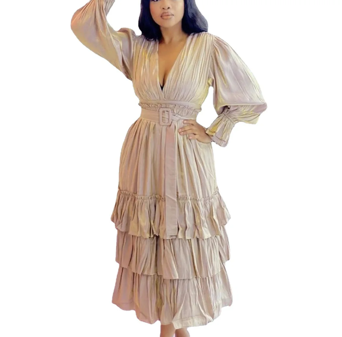 

African Dresses for Women 2021 Spring and Summer African Women Long Sleeve V-neck Dress African Clothes