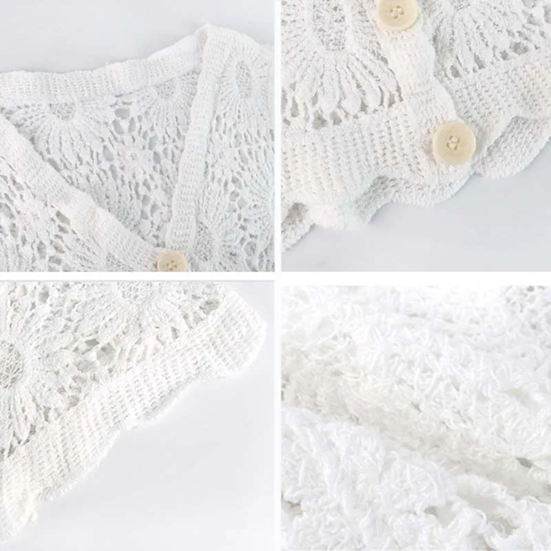 

Hollow Out Short Sleeve Cardigan Women Crochet Flowers V-neck Vintage Fairy Knitting Sweater Aesthetic Leisure All-match Outwear