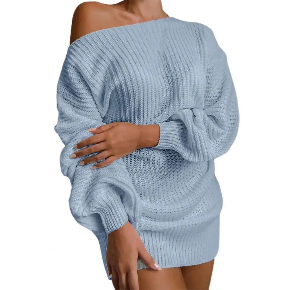 

Stylish Women Sweater Dress One Shoulder Knitted Above Knee Lantern Sleeve Mini Dress for Dating