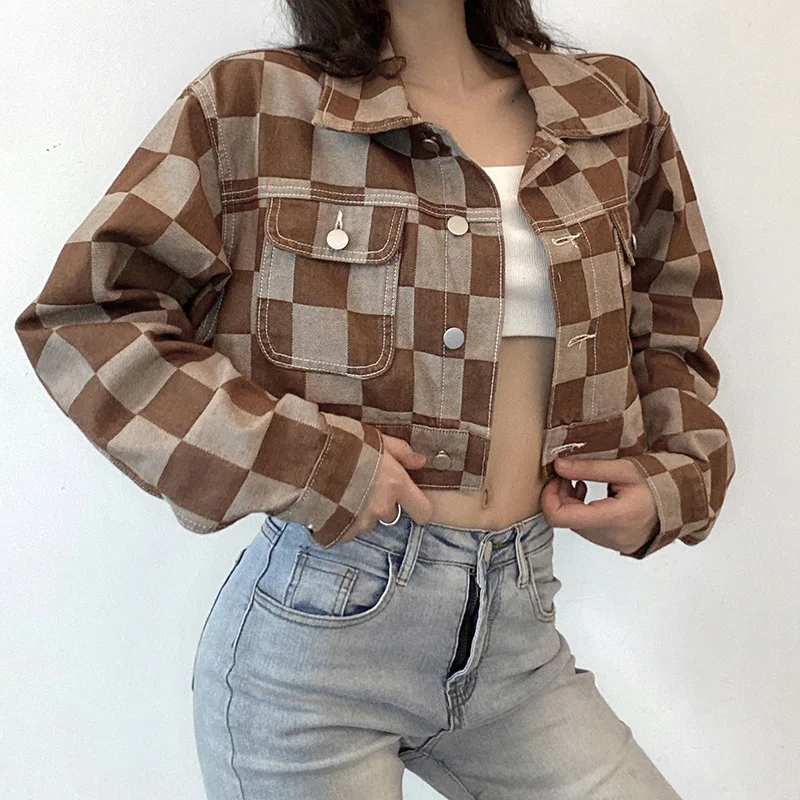 

Women Jacket Plaid Coat Tops Long Sleeve Plaid Print Denim Casual Jacket Cropped Coat Loose Checked Lady Outwear Autumn Jackets