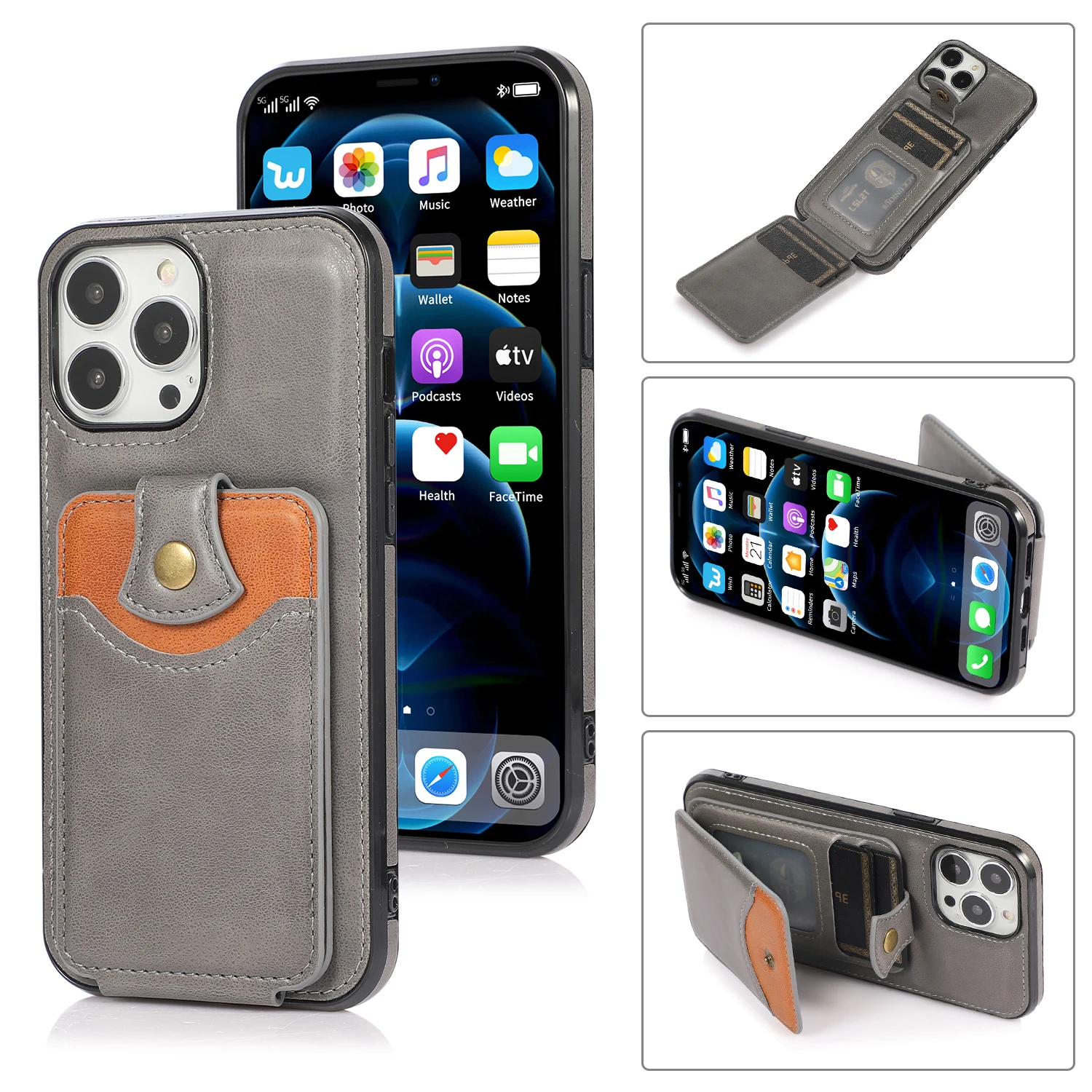 

Simple Fashion Card Package Leather Phone Back Case For iPhone 13 12 Mini 11 Pro Max 8 7 6 SE XS X XR Bracket Wallet Back Cover