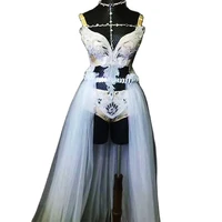 glistening diamonds women bra shorts white voile long tailing 3 pieces set nightclub bar prom outfit singer jazz dance costume