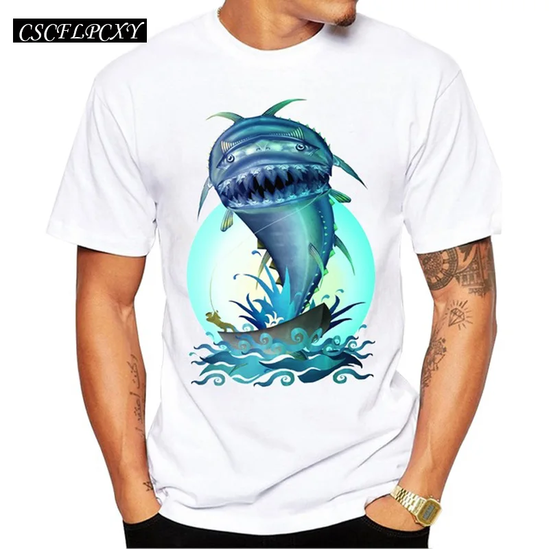 2019 Новое поступление летняя мужская футболка с монстром топы принтом Angry Shark