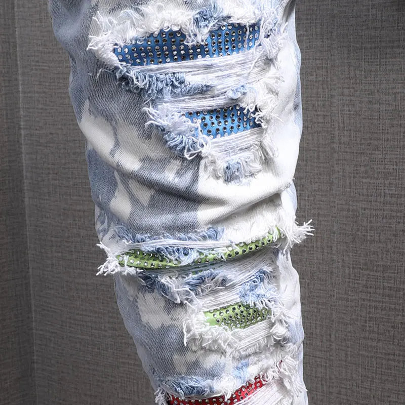 American Street Style Fashion Men Jeans Retro Light Blue Slim Fit Ripped Jeans Beading Patch Designer Hip Hop Denim Punk Pants