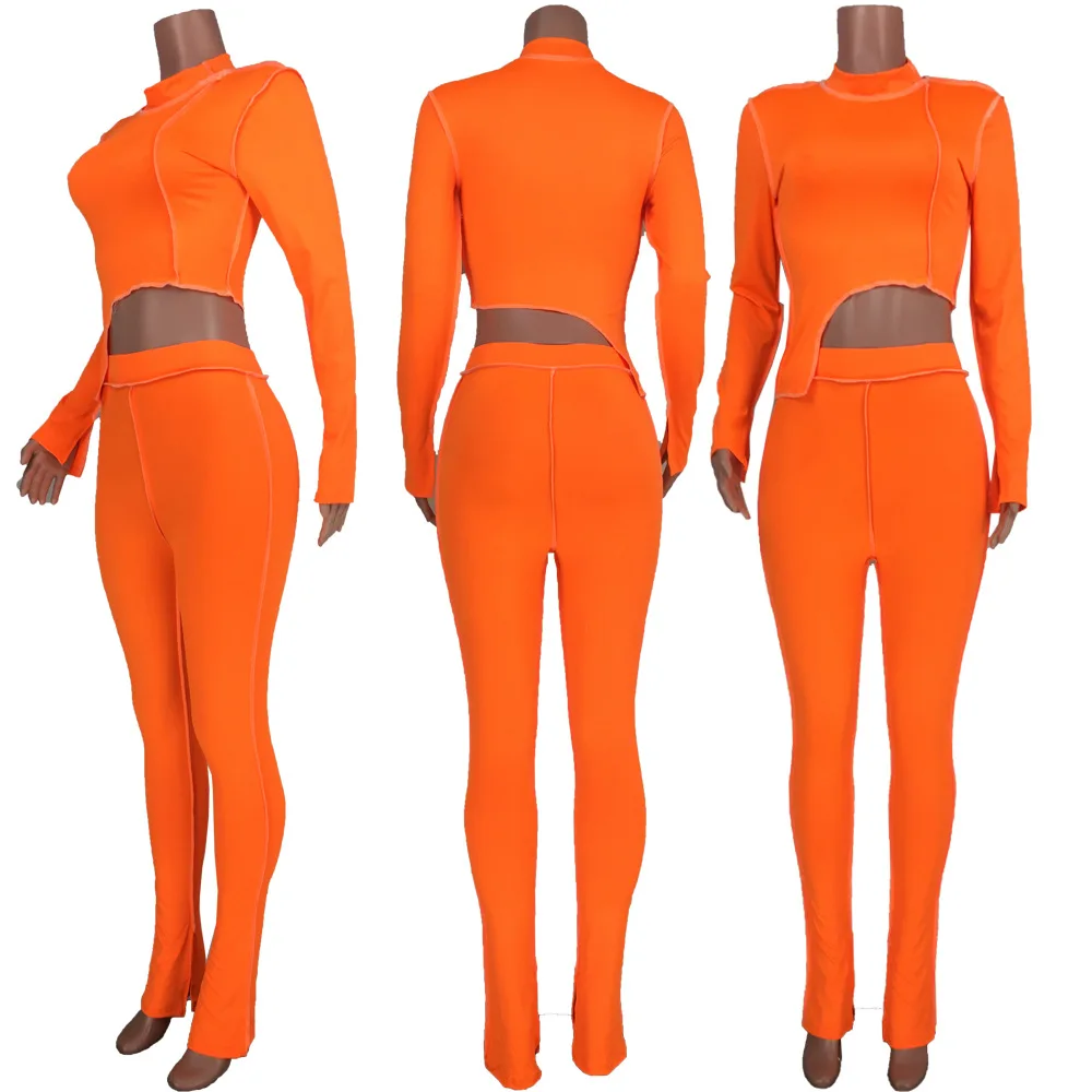 

patchwork long flare sleeve women 2 pcs crop top one shoulder bell pants bodycon sexy streetwear tracksuit sporty fitness suit