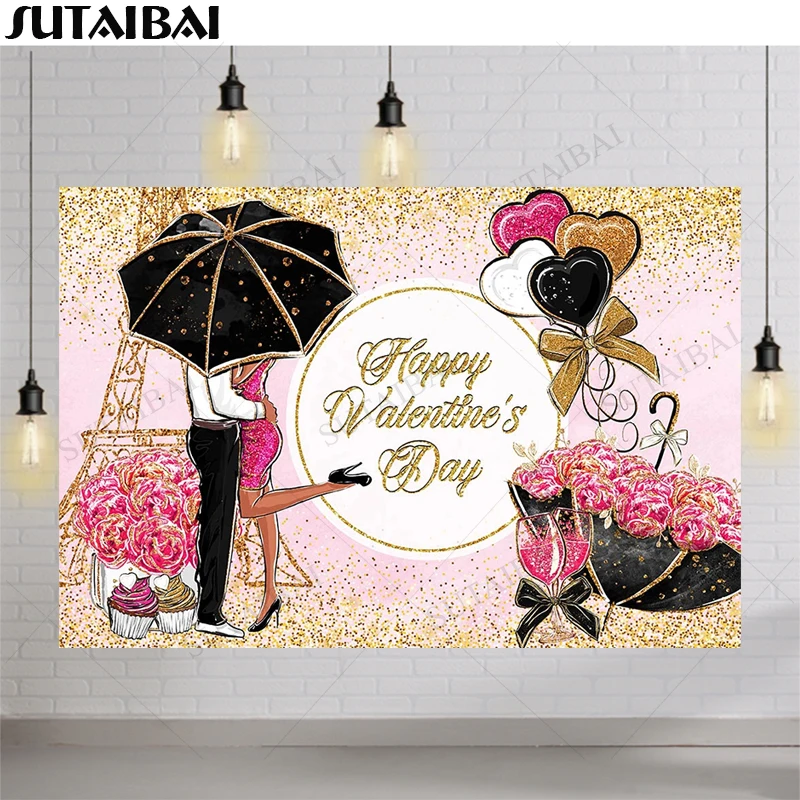 

Фон для фотосъемки с изображением Дня Святого Валентина, украшение для вечевечерние НКИ, праздника, золотые точки, розы, цветы, Эйфелева баш...