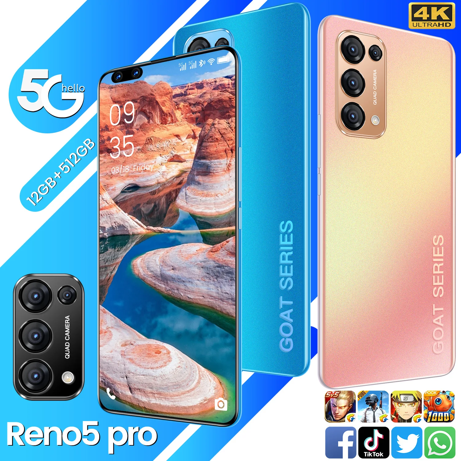 

Reno5Pro 5G Smartphone 7.3" Android 10.0 12GB RAM 512GB ROM 16+28MP Camera 10-Core Dual SIM Unlock WiFi GPS Mobile Cell Phone