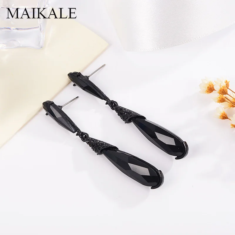 Серьги MAIKALE Vintage Big Crystal Drop для женщин с черным камнем-каплей из родированного металла со золотым и серебряным оттенком. Экстравагантный подарок на каждый день.