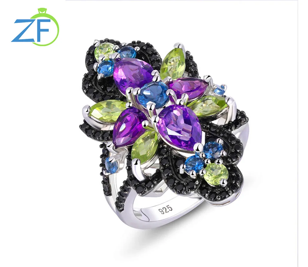 

GZ ZONGFA Real Silver Ring For Women 925 Sterling Silver Multi-Color Natural Gemstone High-End Design Noble Fine Jewelry