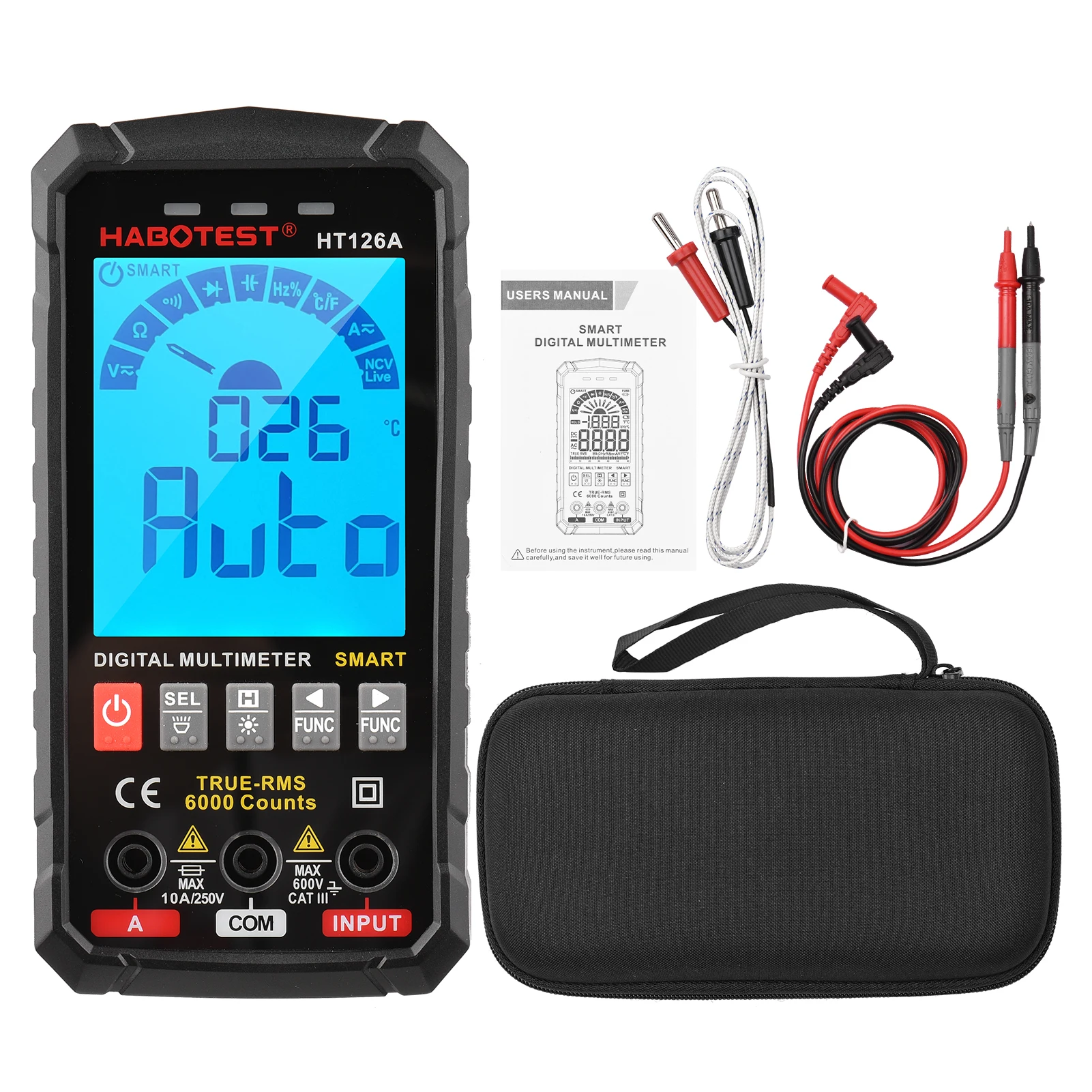 

HABOTEST HT126A Multimeter 6000 Counts True RMS Auto-ranging Voltmeter Ammeter Temperature AC DC Current Capacitance Resistance