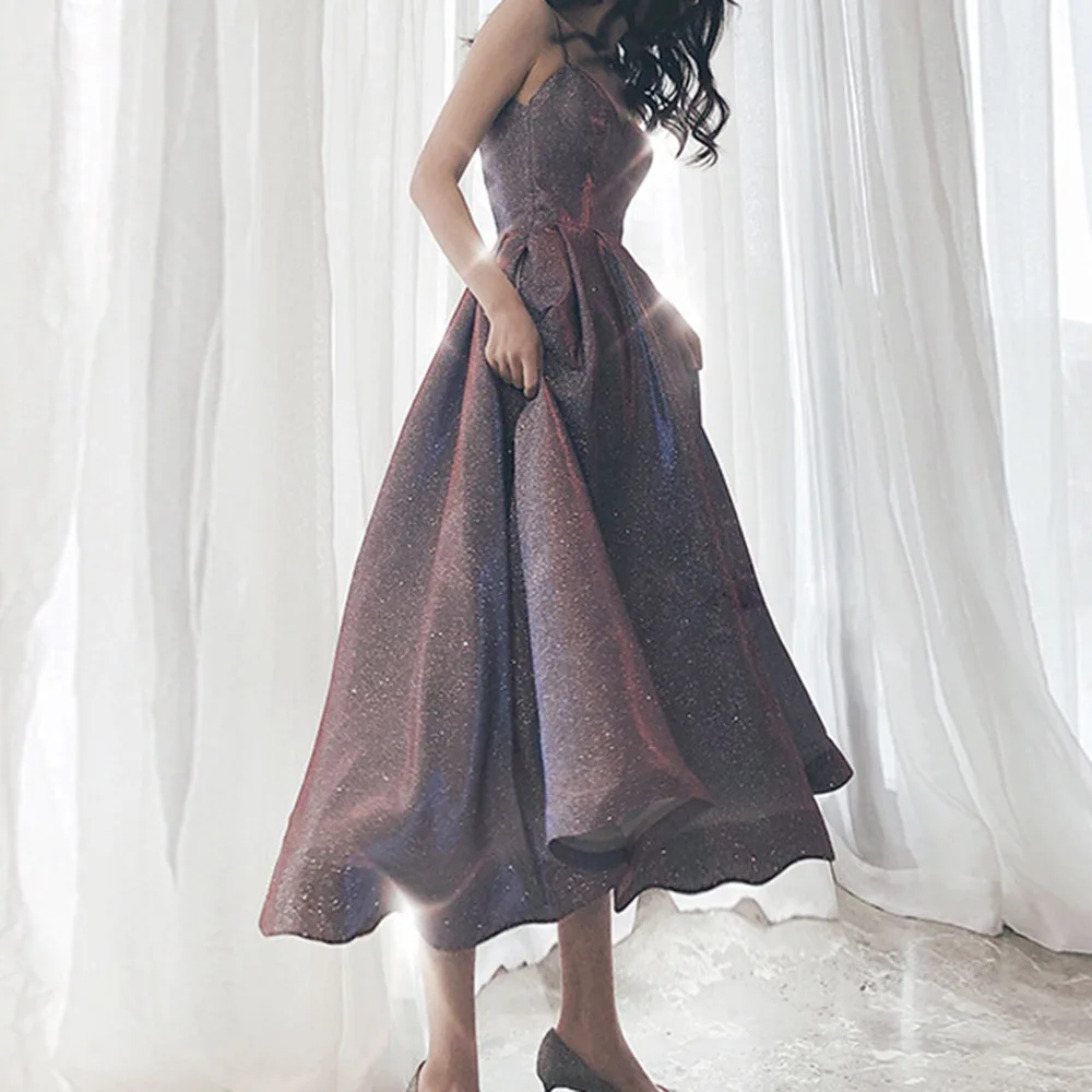 Purple Sequins Pleated Mid-Long Dress Women Elegant Spaghetti Strap Quinceanera Prom Party Dresses Sexy Sparkly A-Line Maxi Robe | Свадьбы и