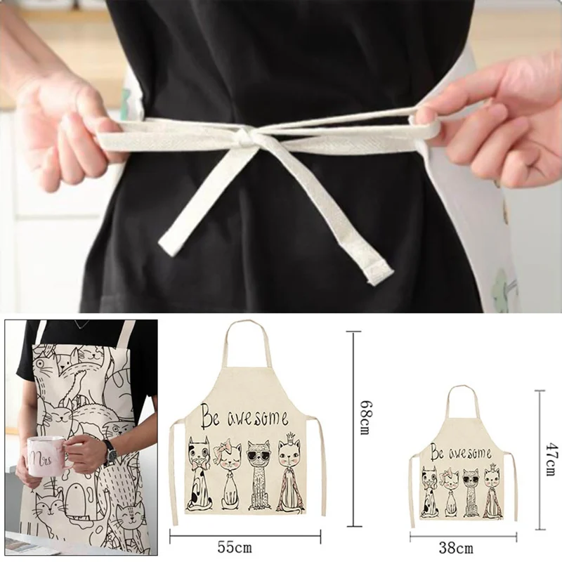 

Parent-child Kitchen Apron Funny Cartoon Cat Printed Sleeveless Cotton Linen Aprons for Men Women Home Cleaning Tools
