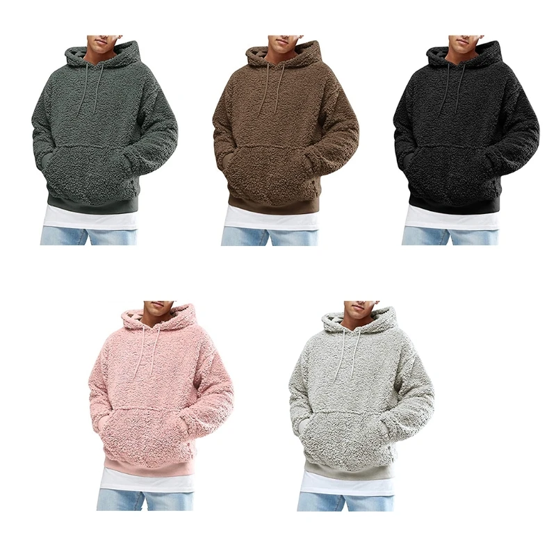 

M68C Men Winter Thicken Plush Long Sleeve Sweatshirt Drawstring Hoodie Pocket Top