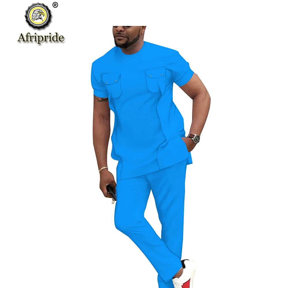 Men`s Casual Tracksuit African Clothing Short Sleeve Dashiki Blouse Shirt and Pants Set Ankara Attire Wax AFRIPRIDE S2016006