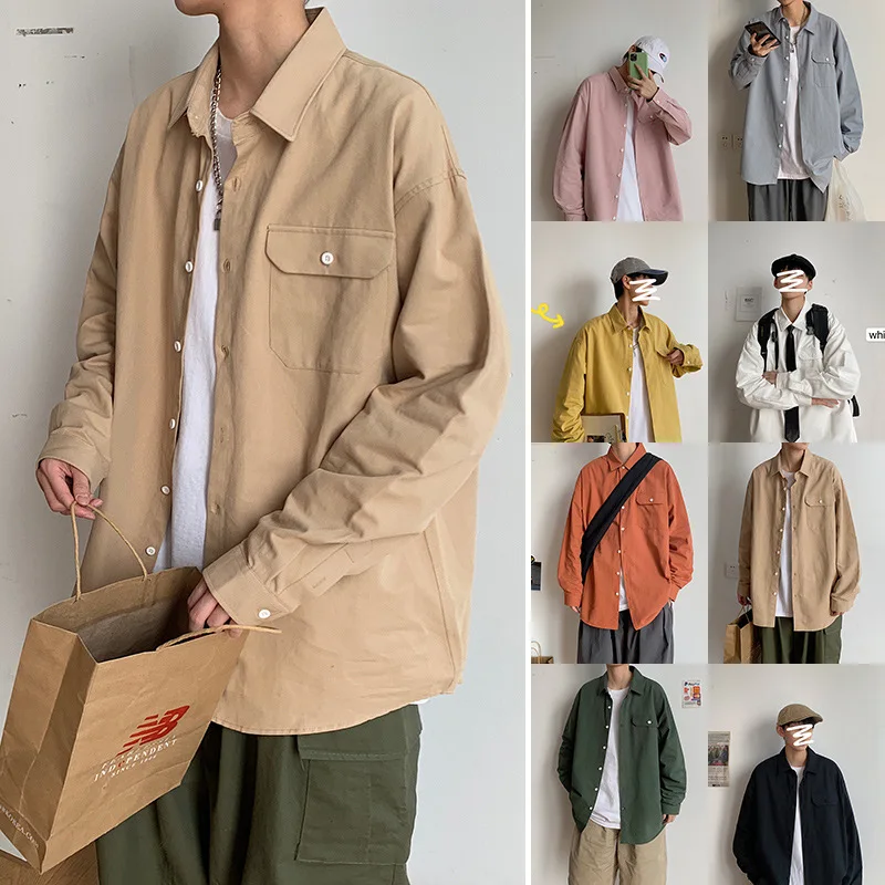 

2021 Spring Fall Fashion Long Sleeve Shirt White Pink Button Up Loose Casual Shirts Mens Japanese Harujuku Vintage Clothing