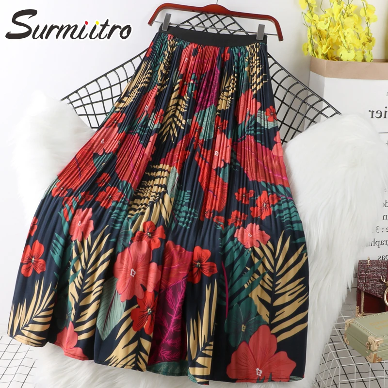 

SURMIITRO Floral Print Chiffon Maxi Skirt Women With High Waist 2021 Spring Summer Ladies Red Black Long Pleated Skirt Female