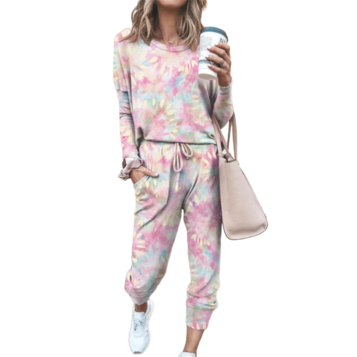 

Women 2 Pieces Sweatsuit Set, Casual Tie Dye Print Long Sleeve Top + Drawstring Pants Set Tracksuit