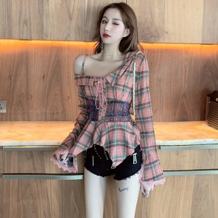 Осенняя рубашка в клетку пикантная блузка с открытыми плечами элегантная