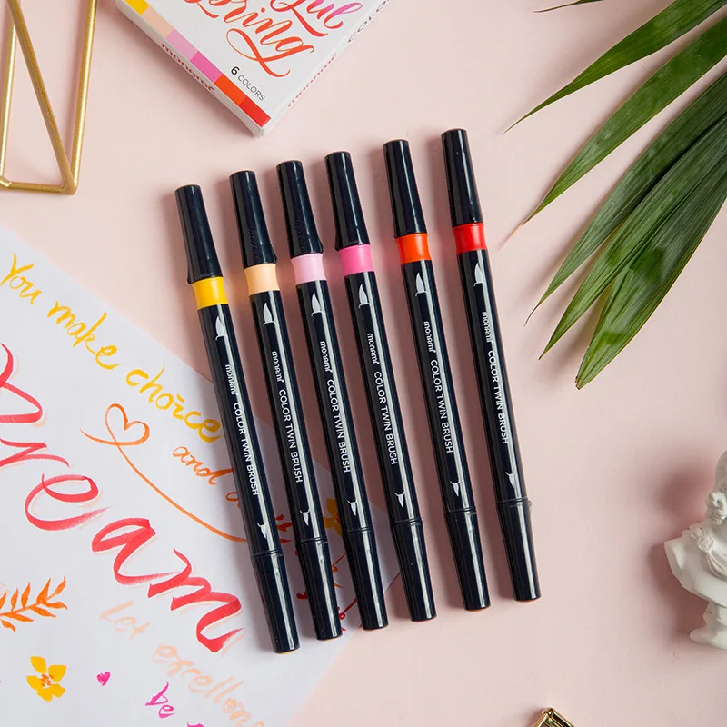 Набор цветных ручек-кистей Monami 6 шт. двусторонние маркеры среднего размера для