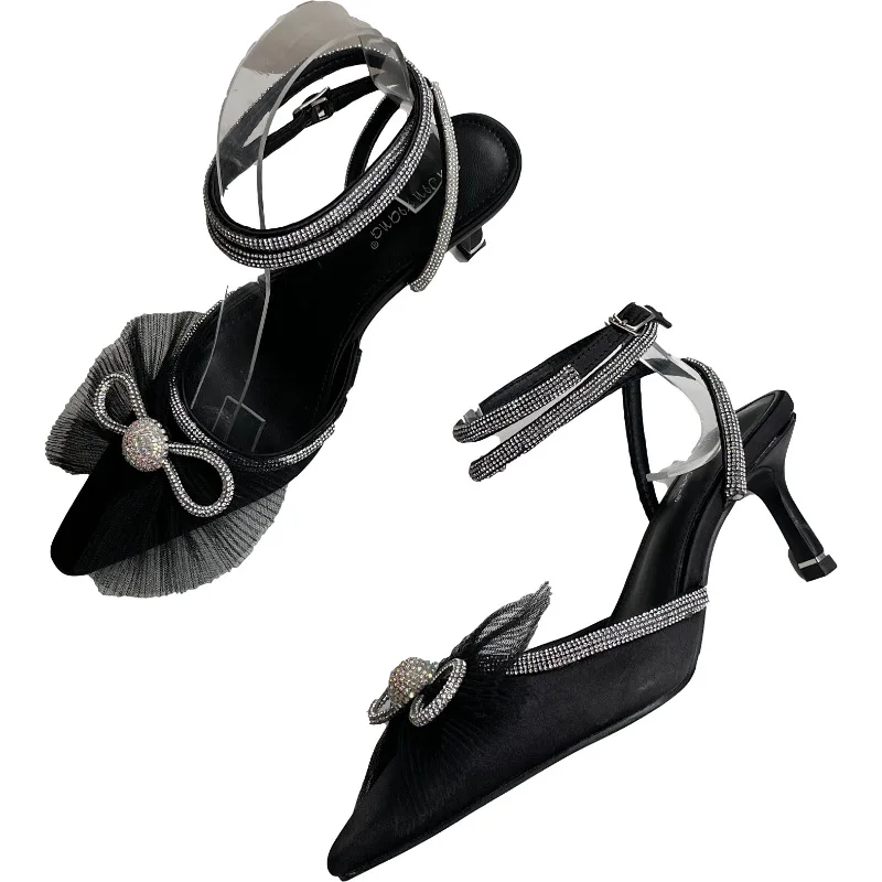 

Sandals Stiletto Heels 2021 Women's Female Shoe Buckle Strap New Girls Fashion Comfort High Low Rhinestone Pointed Beige Bow Lac