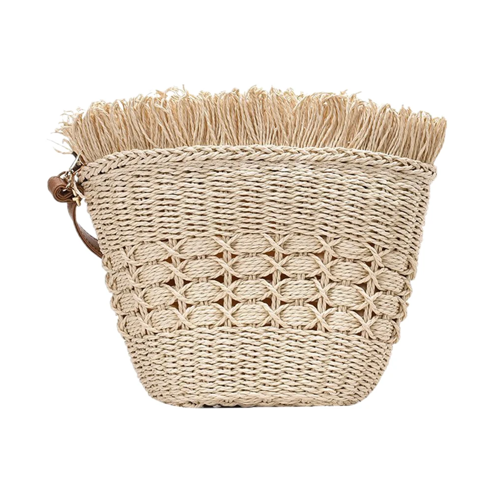 

Beach Straw Bag Women Straw Woven Summer Bucket Tassel Sling Shoulder Purse