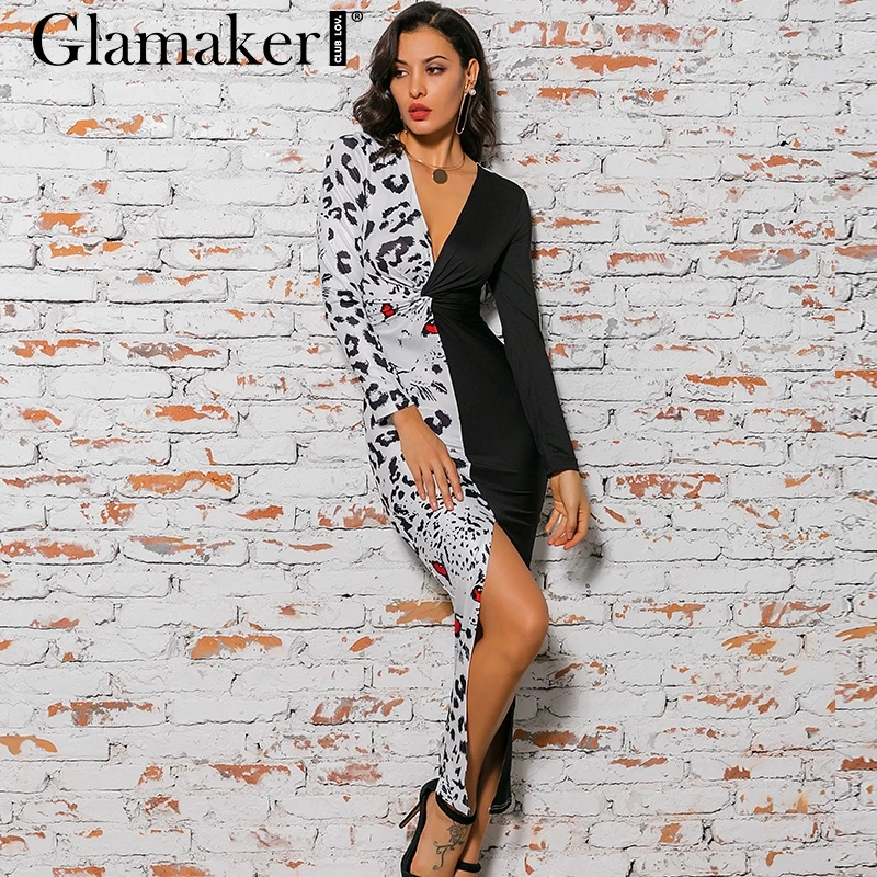 Glamaker, глубокий v-образный вырез, Леопардовый принт пэтчворк, длинное платье для женщин, бодикон, высокий разрез, платье для вечеринки, летнее, миди, элегантное платье