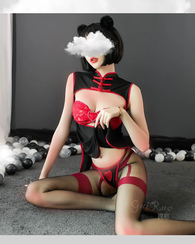 

Sexy Lingerie Chinese Style Cosplay Cheongsam Lace Tube Top Stand-Up Collar Hollow Out Sexy Uniform Temptation Cheongsam Dress