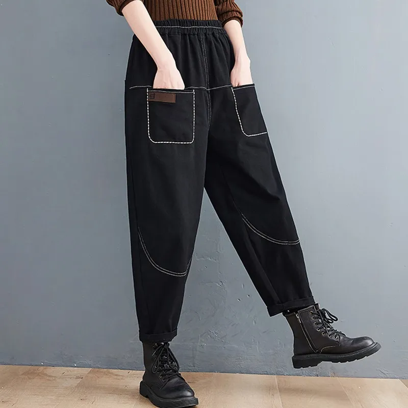 

Women Ankle-length Casual Pants New Arrival 2021 Autumn Vintage Style All-match Loose Cotton Female Harem Pants B1419
