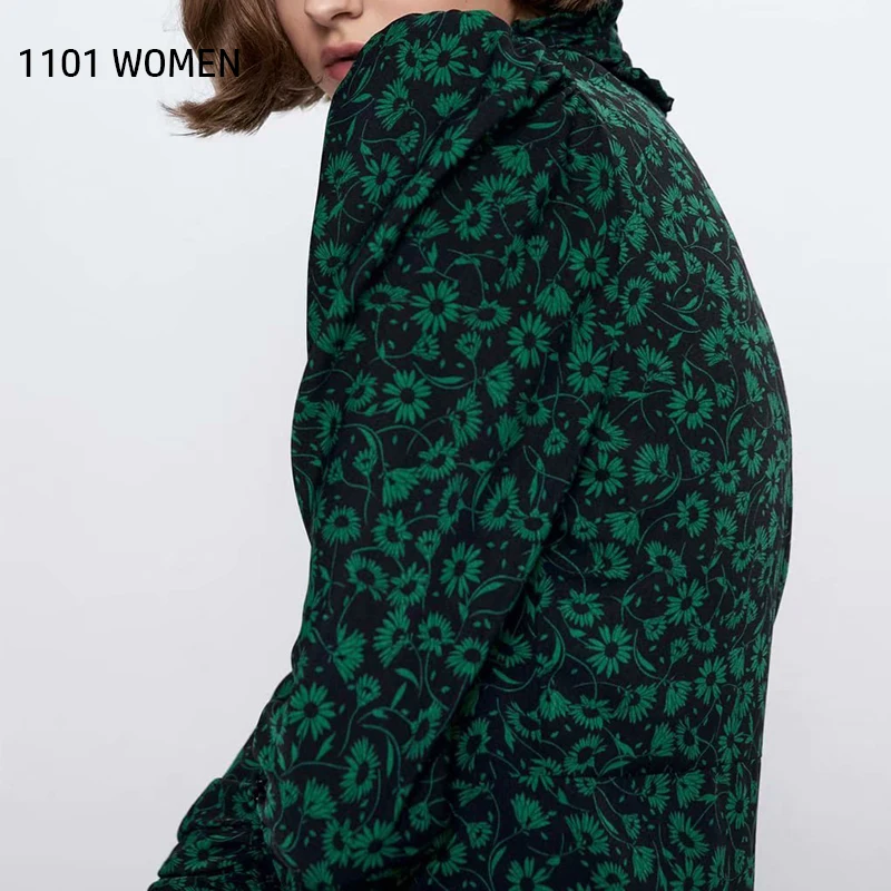 ZA Новое весеннее женское зеленое платье с цветочным принтом и рукавами