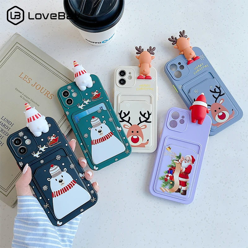 

Christmas Cute Santa Deer Bear Candy Color Card Bag Phone Case For iPhone 12 11 Pro Max X XS XR 7 8 Plus SE 2020 Soft TPU Bumper