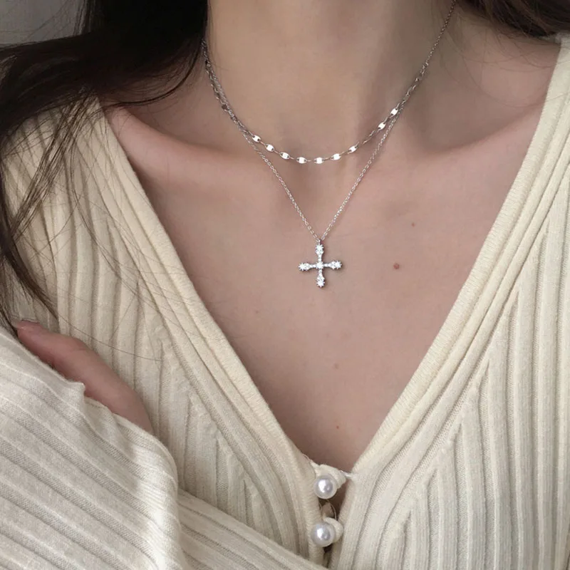 

925 Sterling Silver Double Layer Cross Necklace for Women Shiny CZ Clavicle Chain Necklace Jewelry Gifts S-N244