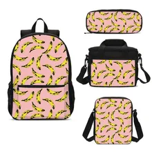 New Children School Bags 3D Banana Print 4 Pcs/set Kids Backpack Girls Women Schoolbag With Cooler Box Pencase Mochila Escolar