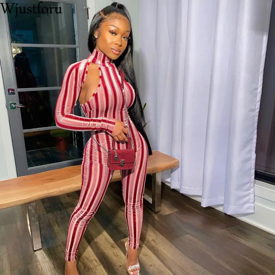 

Wjustforu Skinny Sexy Striped Print Bodysuit For Women Summer Casual Hollow Out Club Jumpsuit Female Long Sleeve Overalls Slim