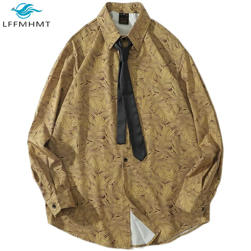 

Spring Fall New Fashion HK Vintage Style Long Sleeve Shirts Men Loose Casual Full Print Hawaiian Trendy Streetwear Tops With Tie