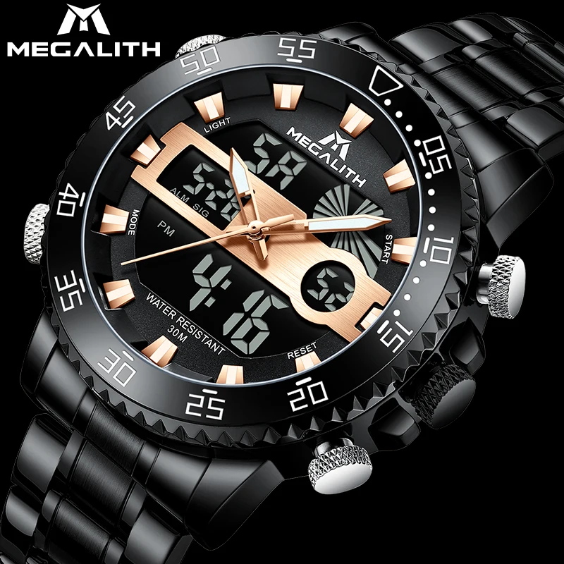 Цена оптовой продажи мегалитическая Нержавеющая сталь Черный Мужские часы