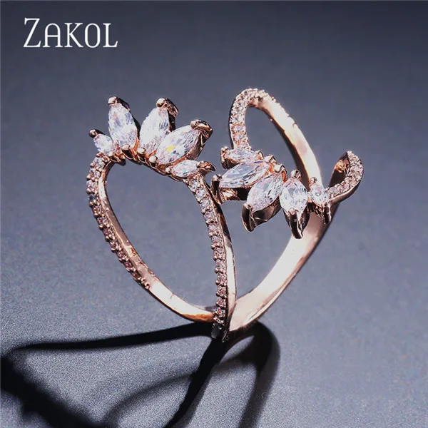 Rose Gold Color ZAKOL, милые, стильные, белые, циркониевые, открытые кольца, геометрическое, регулируемое кольцо, ювелирные изделия для женщин, вечерние, подарок, FSRP2015 - Цвет основного камня: Rose Gold Color