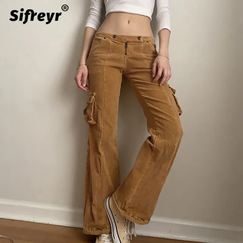 

Женские вельветовые брюки Sifreyr в стиле ретро Y2k, брюки-карго в стиле Харадзюку с карманами и низкой талией, винтажная одежда 90-х годов, повсед...