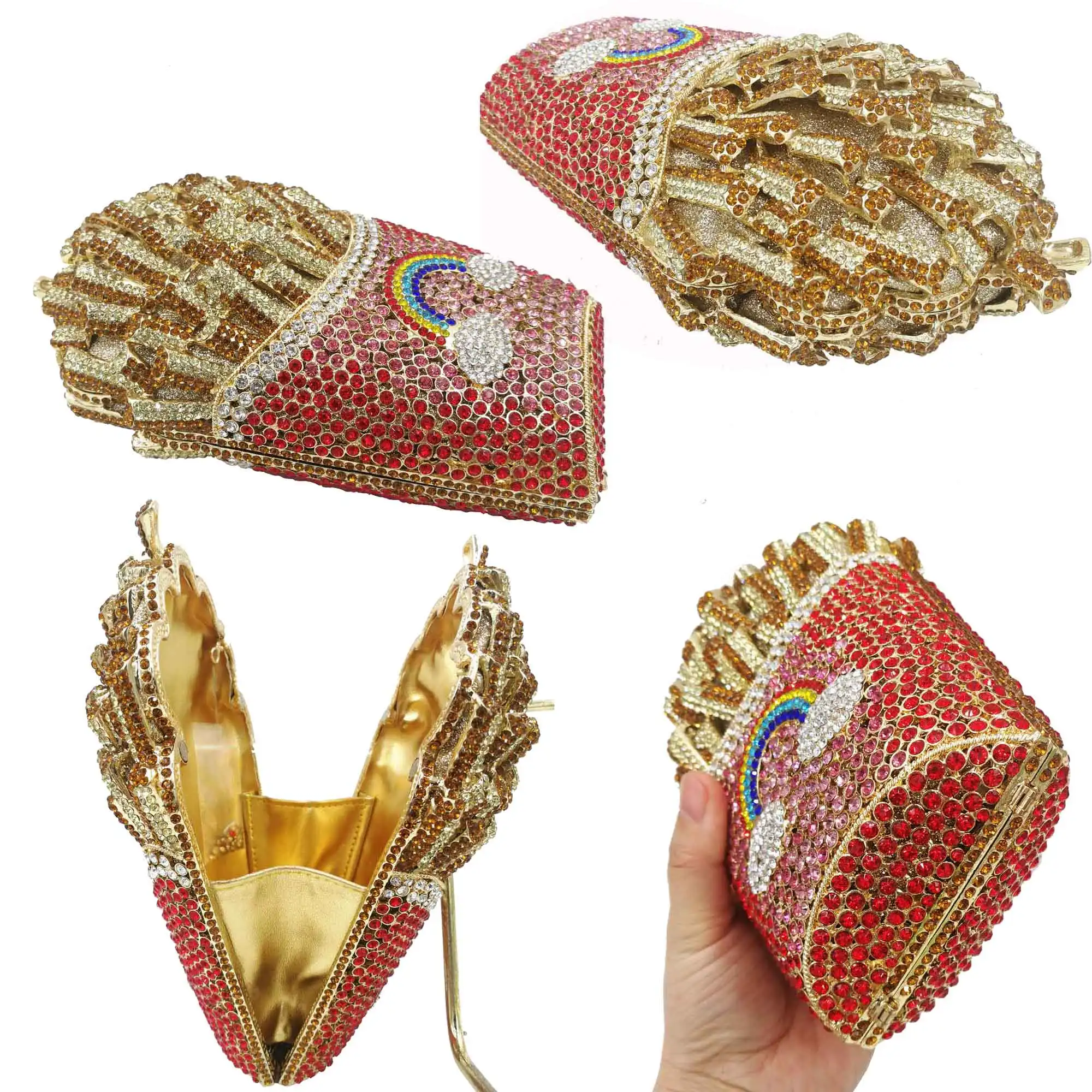

Newest Designer French Fries Chips Clutch Women Crystal Evening Bag Diamond Wedding Handbag Bridal Purse