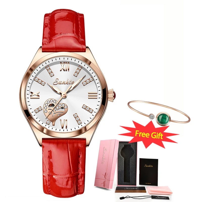 

Sunkta Red Women Watches Waterproof Luxury Leather Ladies Wristwatch Gift for Woman Quartz Watch Female Clock Relogios Femininos