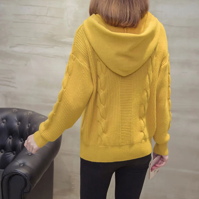 Модный женский Однотонный свитер с капюшоном свободный толстый базовый джемпер