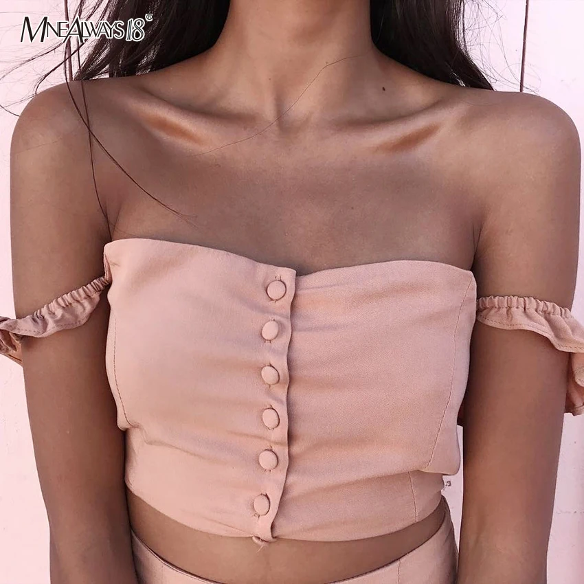 Женский топ на пуговицах Mnealways18 розовый укороченный с оборками и открытыми