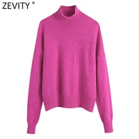 zevity women fashion mock neck solid candy color casual knitting sweater female chic basic long sleeve pullover brand tops sw937