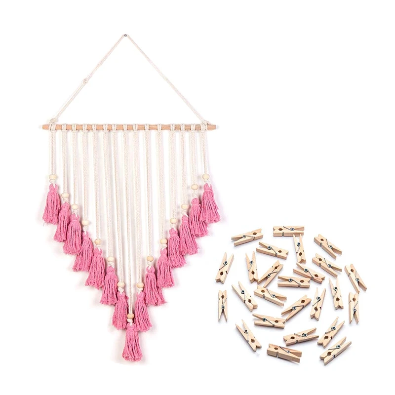 

Wall Photo Display Macrame Wall Hanging Boho Bohemian Decor Art Picture Hanger for Home Living Room Dorm,Pink & 25 Wood Clips