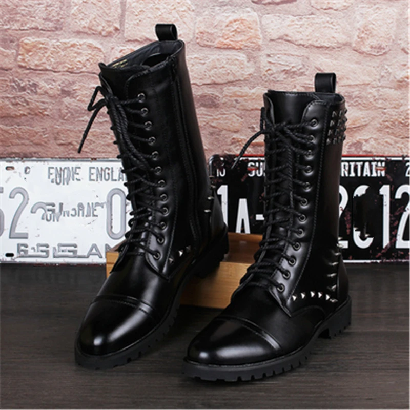 

Luxury Fashion Men Motorcycle boots British style Mid-Calf Military boots Rivet Trend Leather boots 02C