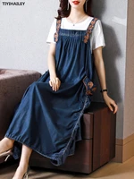 tiyihailey 2021 new free shipping vintage women long mid calf summer denim sleevlesse dress embroidery chinese style big pockets