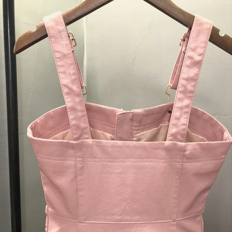 

2021 New Spring Women Pu Leather Straps Dress Zipper Casual Slim Fit Mini Length A Line Dress Female Pink Leather Sling Dresses