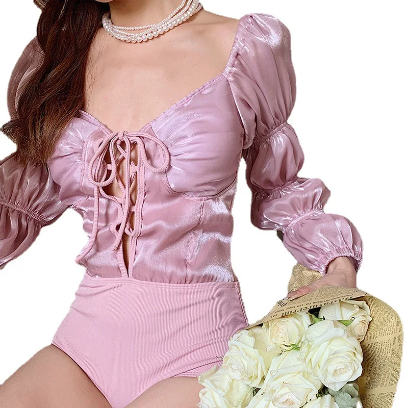 

Pareo Beach Wear 2021 2 Piece Set Bikini Swimsuit Women Large Sizes Ins Summer New French Backless Long Sleeve Print Polyester