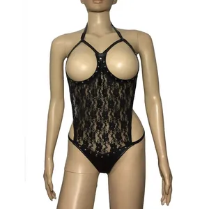 Женские сексуальные кружевные стринги из искусственной кожи без чашек трико бикини с открытой спиной боди Фетиш Эротическое Нижнее белье Тедди